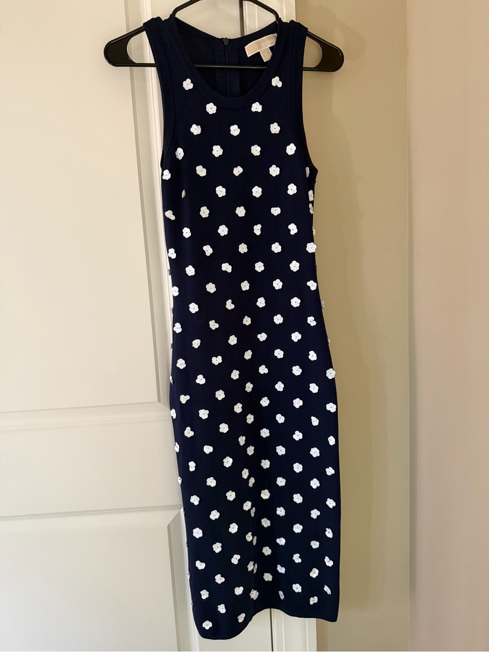 Michael Kors Navy Sleeveless Knit Dress with White Floral Appliqué